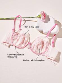 LUVLETTE 柔软女士内衣透气钢圈性感无衬垫显瘦粉色花卉蕾丝薄纱文胸 - 粉色 - 查看 7