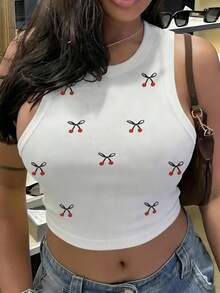 Rovax 女士圆领背心，带刺绣蝴蝶结图案 - 白色 - 查看 3