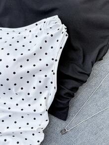 SHEIN 2件套少女黑白波点针织休闲褶皱不对称肩部修身短款上衣T恤 - 黑與白 - 查看 3