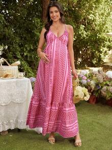 SHEIN Maternity Vacation Geometric Pattern Casual Halter Dress - Multicolor - View 3