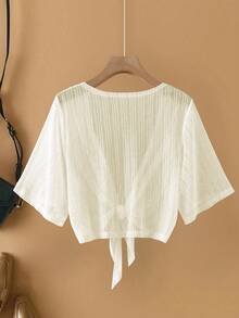 SHEIN LUNE Plus Size Women Elegant Lace Mesh Sheer Sleeve Beach Cover Up Jacket - Apricot - View 2
