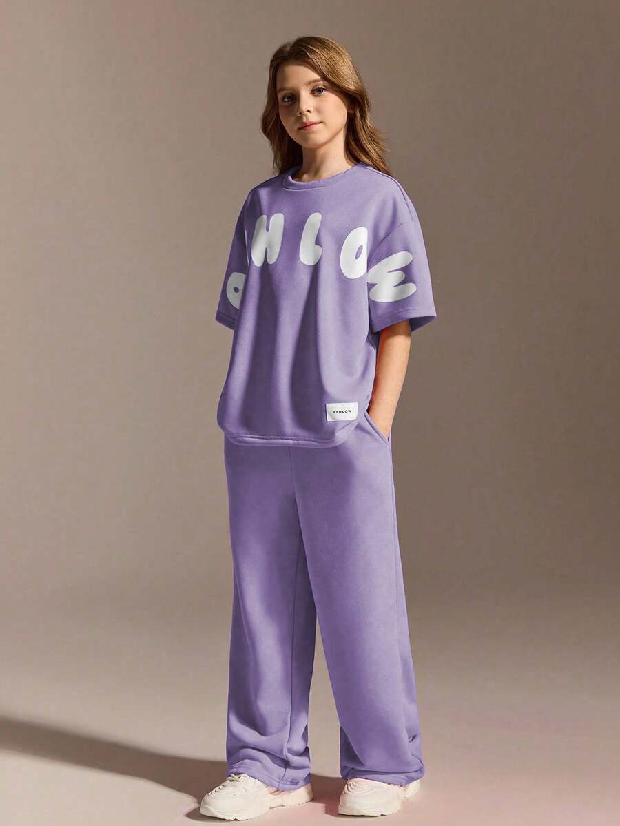 SHEIN 青少年女孩休閒運動套裝,圓領寬鬆大尺寸,可愛,校園,返校季 - 紫色 - 查看 1