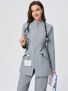 Anti-Wrinkle Long Sleeve Jacket And Pants Women's Scrub Uniform 2 Pieces Set - Dusty Blue - View 7