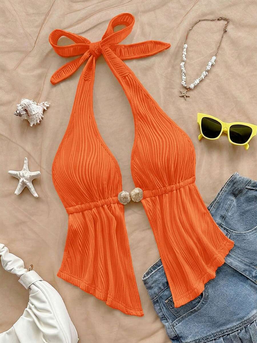 Soleia 性感V领金属装饰露背荷叶边红色纹理面料女士背心，适合海滩度假、约会、下午茶、假期、音乐节、波西米亚风等场合。 - 橘色 - 查看 1