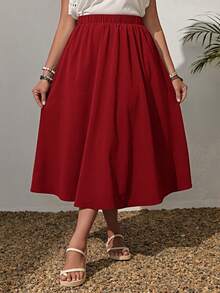 Rusticease Plus Size Women Solid Color Elastic Waist Casual Vacation Skirt - Burgundy - View 4