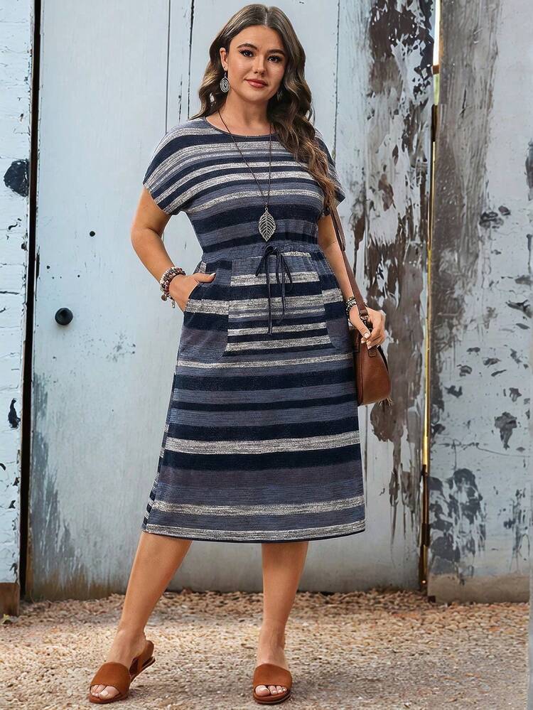 Plus Size Women's Striped Round Neck Short Sleeve Drawstring Loose Country Casual Vacation Dress,Spring And Summer Summer Outfits Summer Clothes  Spring  Spring Outfit Women Spring Clothes Country Style For Women Vacation Outfits Casual Dresses