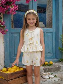 SHEIN Young Girl Cute Summer Pink & White Striped Bow Sleeveless Top And Elastic Waist Shorts Set - Khaki - View 3