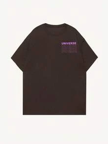 ROMWE MEN Street Life 男士圆领字母印花休闲百搭日常短袖T恤 - 棕色 - 查看 2