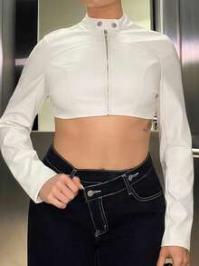 Bethéva 女士冬季街头风锐舞派对嬉皮运动休闲Y2K基础款皮革舒适拉链修身比赛日白色短款长袖外套 - 白色 - 查看 3