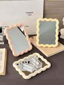 1PC Cute Makeup Mirror, Cream Wavy Design, Mountable On Desk Or Wall, Portable Travel Makeup Mirror, Suitable For Dorm, Vanity, Office, Makeup, Affordable, Room Decor, Vanity, Travel, Bedroom, Makeup Accessory, Mirror, Vanity Mirror, Mini Mirror, Compact Mirror, Small Mirror, Handheld Mirror, Tabletop Makeup Mirror, Holiday And Valentine's Day Gift - Multicolor - View 7