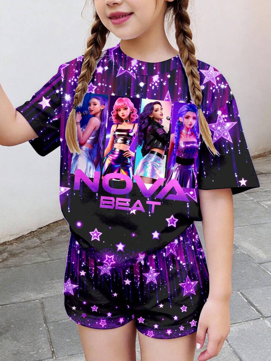 2pcs/Set Tween Girl Casual Minimalist Short Sleeve Top And Shorts, Suitable For Summer Home And School - Multicolor - View 1