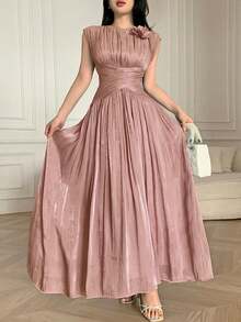 Feyla New Arrival Waist Ruched 3D Floral Elegant Romantic Vacation Dress - Dusty Pink - View 5
