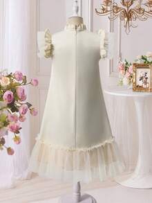 SHEIN Tween Girls White Floral Embroidered Mesh Patchwork Princess Dress,Elegant Summer Holiday A-Line Formal Gown,Wedding Guest Outfit For Al-Adha - Champagne - View 8