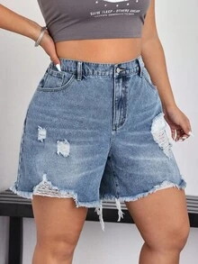 SHEIN CURVE+ Quần short denim rách dáng rộng mùa hè cỡ lớn - Màu xanh lam - Xem 4