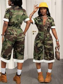 BamGleam Jumpsuit Denim Modis Motif Kamuflase dengan Korset di Pinggang, Cocok untuk Dipakai Sehari-hari - Hijau Tentara - View 6