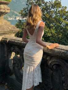 SHEIN MOD 女士优雅蕾丝不对称下摆无袖连衣裙，夏季 - 白色 - 查看 3