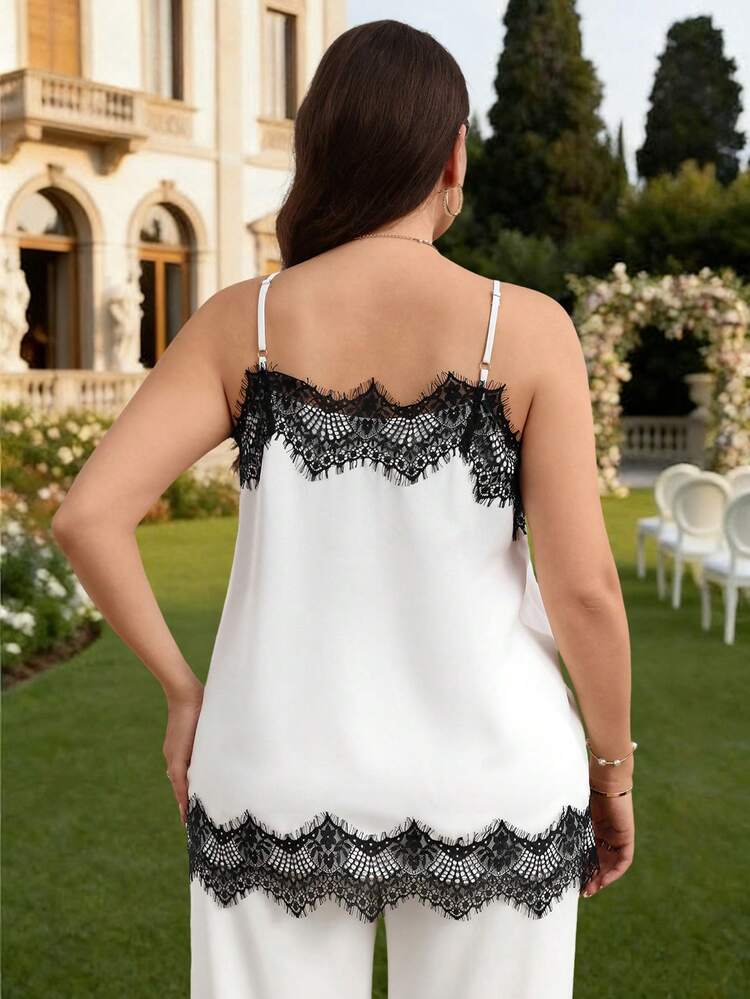 Plus Size Women's Summer Casual Vacation Elegant Wedding Party Lace Trim Color Block White Camisole Camisole & Tank Top,Summer,Summer\Vacation,Summer Holiday,Spring Break Outfits ,Vacation Outfits Women ,Holiday Outfits For Women,Going Out Outfits,2026 New Clothes,Simple And Fashionable For Everyday Wear,Suitable For Summer, Vacation, Daily Wear,Suitable For Summer, Vacation, Daily Wear,Festival Outfits For Women ,Gifts For Mother,Tunic Blouse,Going Out Tops,White Top,Wedding Party Clothes