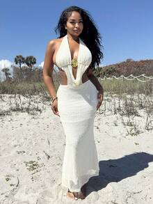 Alexandranx Women's Vacation Deep V Starfish Print Textured Halter Backless High Slit Dress, Beige Party - Beige - View 4