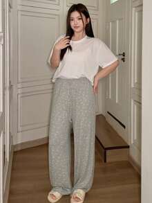 Dazy Plus Ditsy Floral Tie-Front Slim Fit Straight Leg Pajama Bottoms - Light Grey - View 7