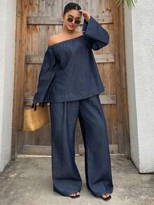 Dazy Plus Bộ đồ denim màu tối gồm 2 món: Áo denim dáng rộng trễ vai và quần jeans ống rộng, thích hợp cho mùa xuân/thu. - Rửa tối - Xem 7