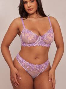 SHEIN BAE 2pcs/Set Women Plus Size Pink Lingerie Set, Lift - Purple - View 7