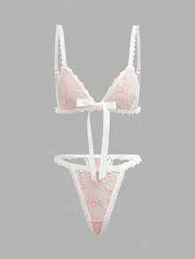 lacRébo 粉色蕾丝三角文胸，搭配缎面系带丁字裤，可爱浪漫 - 粉色 - 查看 6