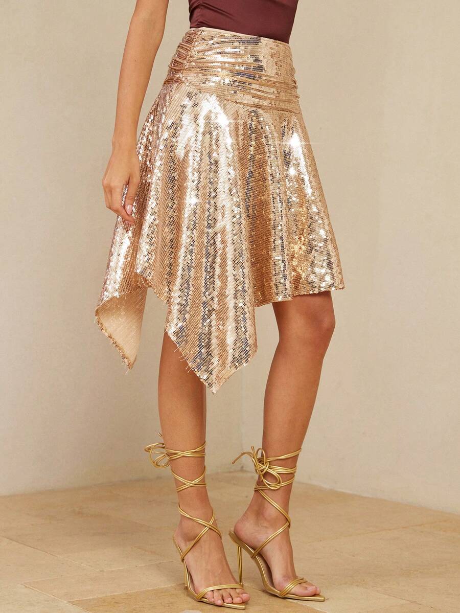 Aveloria Rosie Chân váy nữ thời trang hiện đại, đa năng, tinh tế, đính sequin, chất liệu vải, cạp chun và vạt váy bất đối xứng. - Rượu sâm banh - Xem 1