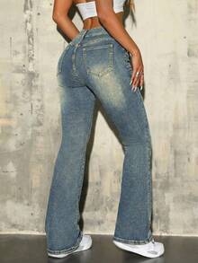 SHEIN ICON Asymmetric Waist Distressed Bell-Bottom Jeans - Dark Wash - View 2