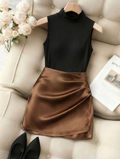 Franclia Top sin mangas de cuello alto con ajuste ceñido + Minifalda ajustado plisada asimétrica brillante y con estilo, conjunto de dos piezas de cintura alta con ajuste ceñido y plisado, sexy, para primavera/verano