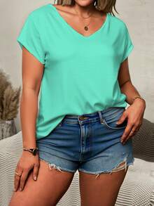 EMERY ROSE Women's Solid Color V-Neck Short Sleeve Casual Plus Size T-Shirt, Summer Style, Plus Size T-Shirt Clothes For Ladies V-Neck T-Shirt Short Sleeve Top - Multicolor - View 5