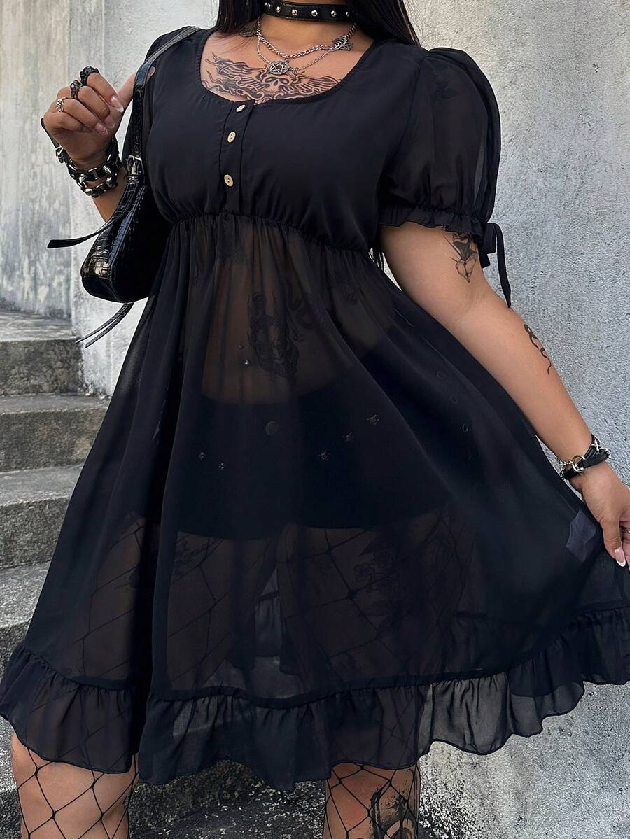 Whyspr Chiffon Ruffled Collar Sheer Cute Dark Tone Dress - Black - View 1