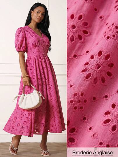 Lilora Đầm nữ thanh lịch thêu họa tiết tay cánh hoa, dáng dài ngang gối.