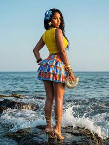 Slaydiva Spring/Summer Vacation, Beachfront, Elegant, Romantic, Sexy Party, Date, Birthday Party, Casual, Elegant, Yacht Trip. Mesh T-Shirt And Contrasting Metallic Embellished Tube Top With Multi-Layered Ruffled Skirt. Women's Set, Three-Piece Set - A - Multicolor - View 6