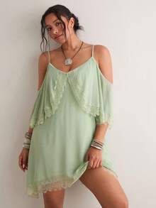 Freevana 大码女士撞色蕾丝露肩时尚连衣裙 - 薄荷綠 - 查看 4