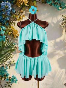 Amplova 女士雪纺两件套：露背吊带上衣，不对称下摆，双层飘逸荷叶边，搭配迷你裙，性感前卫，适合度假穿着。 - 水鴨藍 - 查看 7