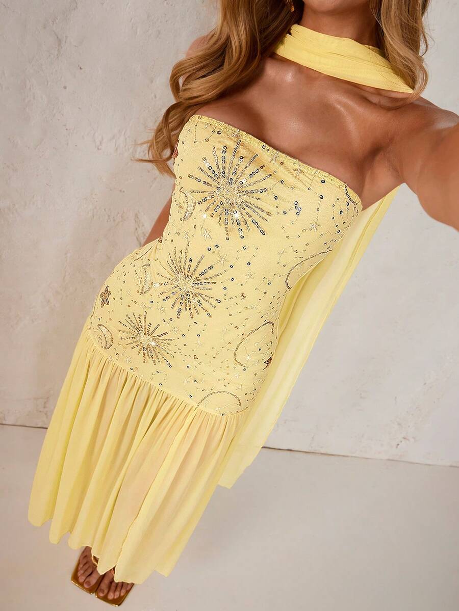 SHEIN Glamour 小众奢华无肩带无袖连衣裙，配以飘逸的雪纺腰带、褶皱网纱裙摆和垂坠式后背腰带，柔和的黄色调，性感优雅的设计，适合晚宴、宴会和红毯等正式场合。 - 鵝黃色 - 查看 1