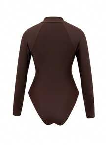 Swim SPRTY Women's Deep Brown Zipper Long Sleeve Fitted Sexy Beach Surfing Jumpsuit Swimsuit, Summer - Brown - View 7