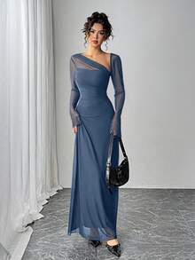 Siren Gaze Women's Solid Color Ruffle Mesh Elegant Cinched Waist Dress For Party - Dusty Blue - View 4
