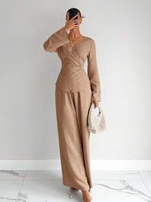 Siren Gaze 女士纯色秋季新款修身衬衫和裤子套装 - 卡其色 - 查看 3