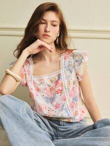Écloséra Women's Spring/Summer Cap Sleeve Jacquard Hollow-Out Jacquard Shirt With Ruffle Trim - Multicolor - View 5