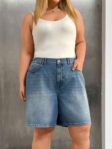 SHEIN City Short High Waist Denim Washed Woman Short Plus Size - Medium Wash - View 4