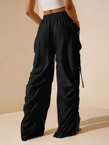 Vesra Women's Solid Color Side Ruched Drawstring Pocket Pants Vacation Black Summer Boho Casual - Black - View 2