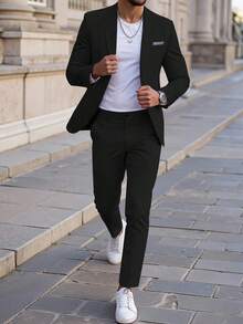 Manfinity Mode Bộ vest công sở nam thanh lịch, cổ tàu, cài khuy đơn, gồm áo khoác và quần. - màu đen - Xem 6