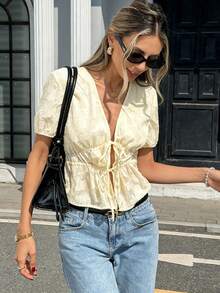SHEIN PariChic Women's Pale Yellow Summer Elegant Mesh Jacquard Blouse,French Casual Semi-Sheer Tie Front Top,Short Sleeve Ruffle Hem Cinched Waist Shirt For Dates - Apricot - View 7