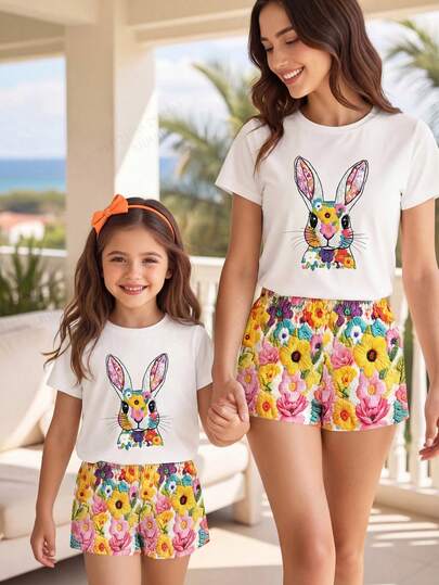 Set de 2 piezas para niñas de 4-7 años, estilo campestre/vacaciones frescas, con camiseta de manga corta con bordado de conejo + estampado floral y pantalones cortos, ligero y llamativo, adecuado para uso diario, escuela, playa, fiesta de cumpleaños, picnic, primavera/verano/otoño