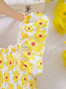 Elladie kids 少女彩色碎花修身中长连衣裙，适合墨西哥儿童节和夏季换季穿着。 - 黃色 - 查看 6