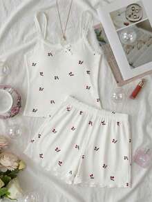 SHEIN 少女碎花图案蝴蝶结饰边吊带背心和短裤舒适休闲修身睡衣套装，2件套，粉色 - 彩色 - 查看 7