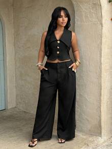 Rustia Plus Size Black And Gold Metal Decor Vest & Slim Fit Suit Pants,Summer Elegant Night Out Club Office Lady Commute Work Wear 2 Pieces Set - Black - View 3