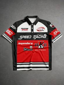 Manfinity Campus Court Retro Motorrad Stil T-Shirt in Rot, Schwarz und Weiß Kontrastfarben, kombiniert mit "Speed Racing" Allover-Muster und Rennabzeichen Logo, amerikanischer Motorrad-Vibe, einzigartiges Design, locker geschnittenes Poloshirt für Herren - Verschiedenfarbig - Übersicht 5