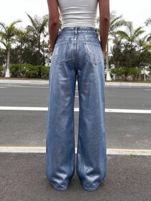 SHEIN ICON Women's Straight Loose Casual Versatile Jeans With Pockets - Blue - View 2